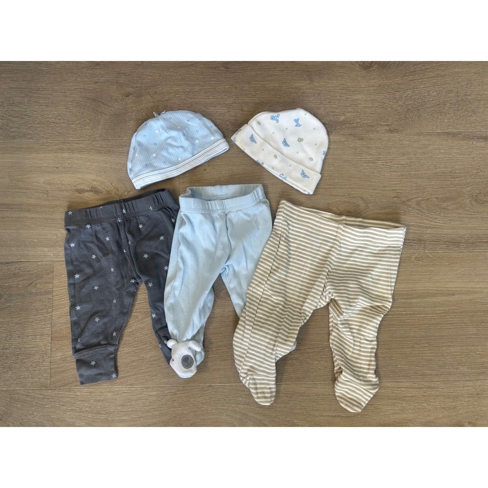 Baby Boy 5 Piece Bundle of Pants & Hats Size NB & 0-3M Stars Stripes